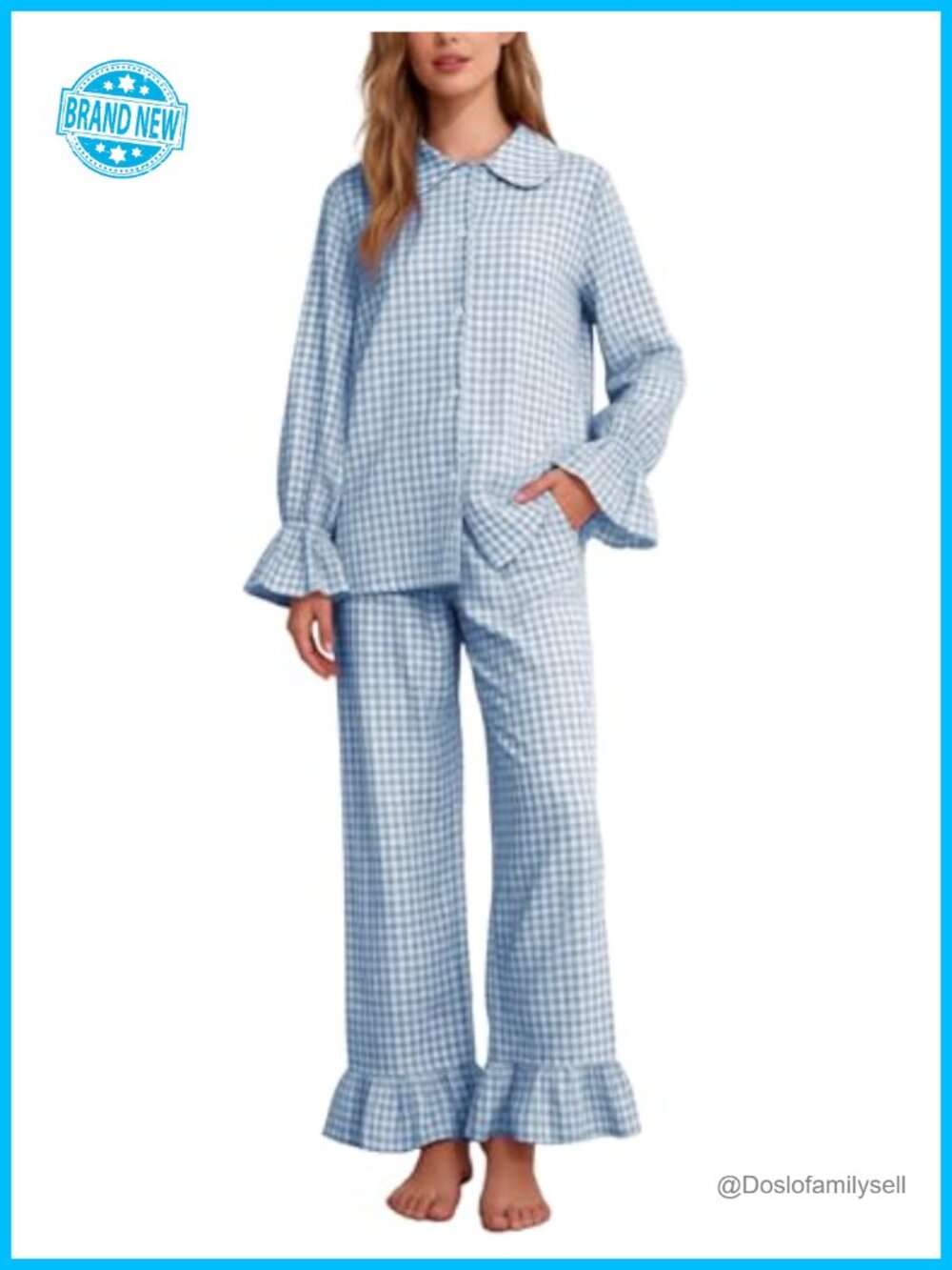 Cotton Plaid Pajama Set Ruffle Lounge Pjs Sleepwear Women